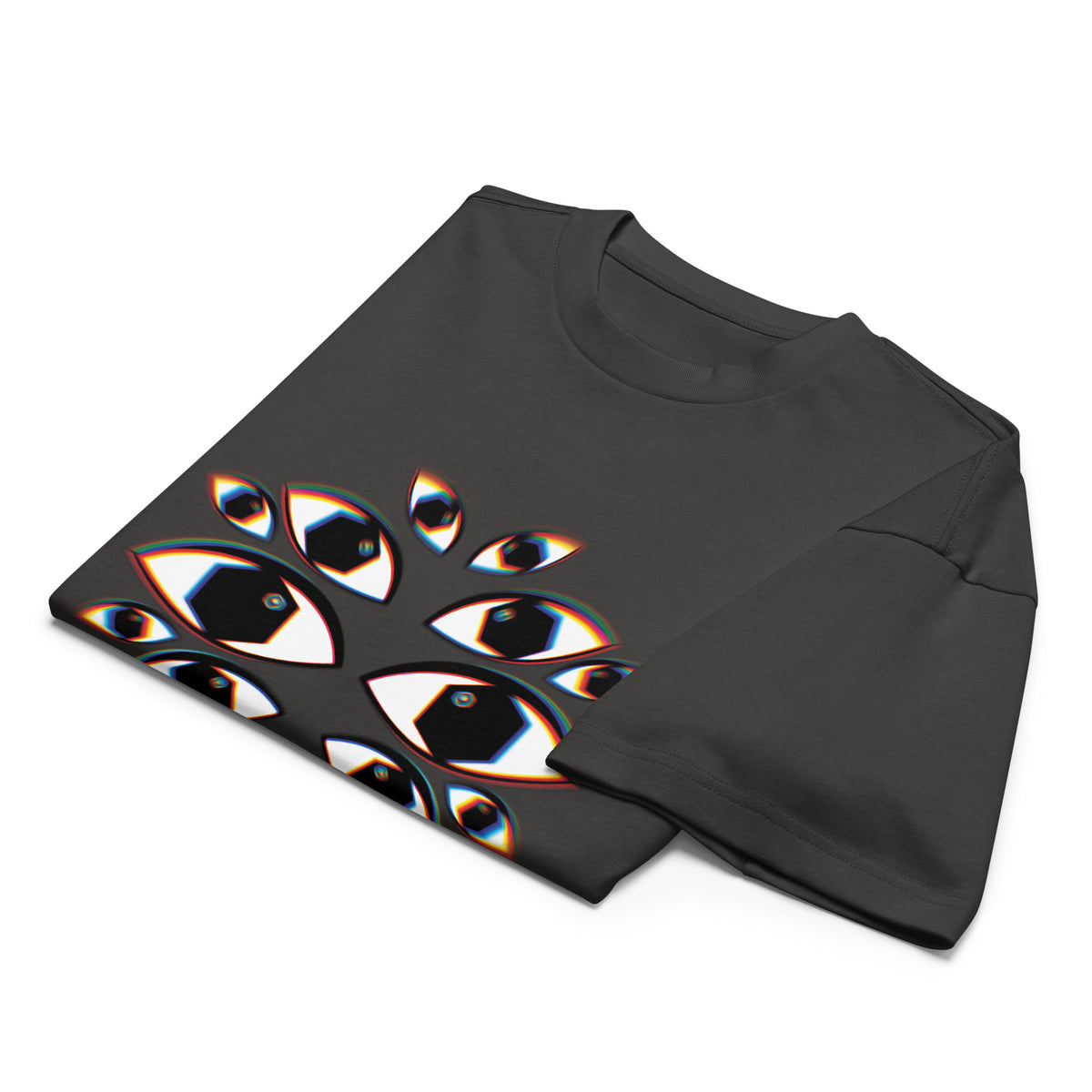 I See You cotton box t-shirt in Vintage Black, folded: part of the eye print, white eyes with black hexagon pupils