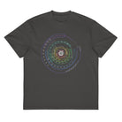 Hex Core Rainbow cotton box t-shirt in Vintage Black, flat front view: rainbow rings with white dots on the chest