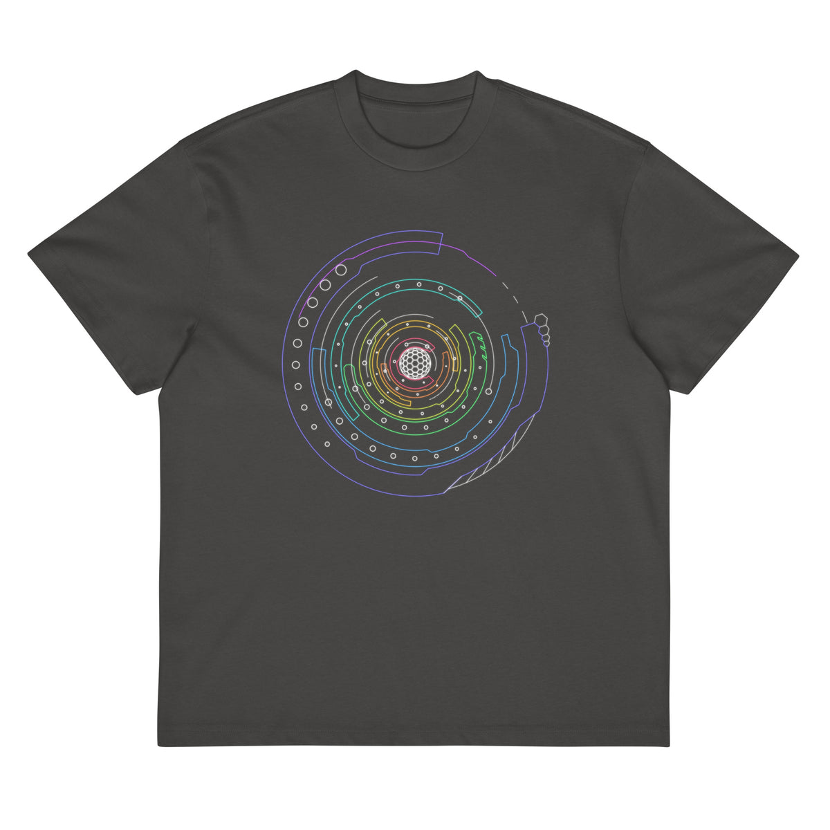 Hex Core Rainbow cotton box t-shirt in Vintage Black, flat front view: rainbow rings with white dots on the chest