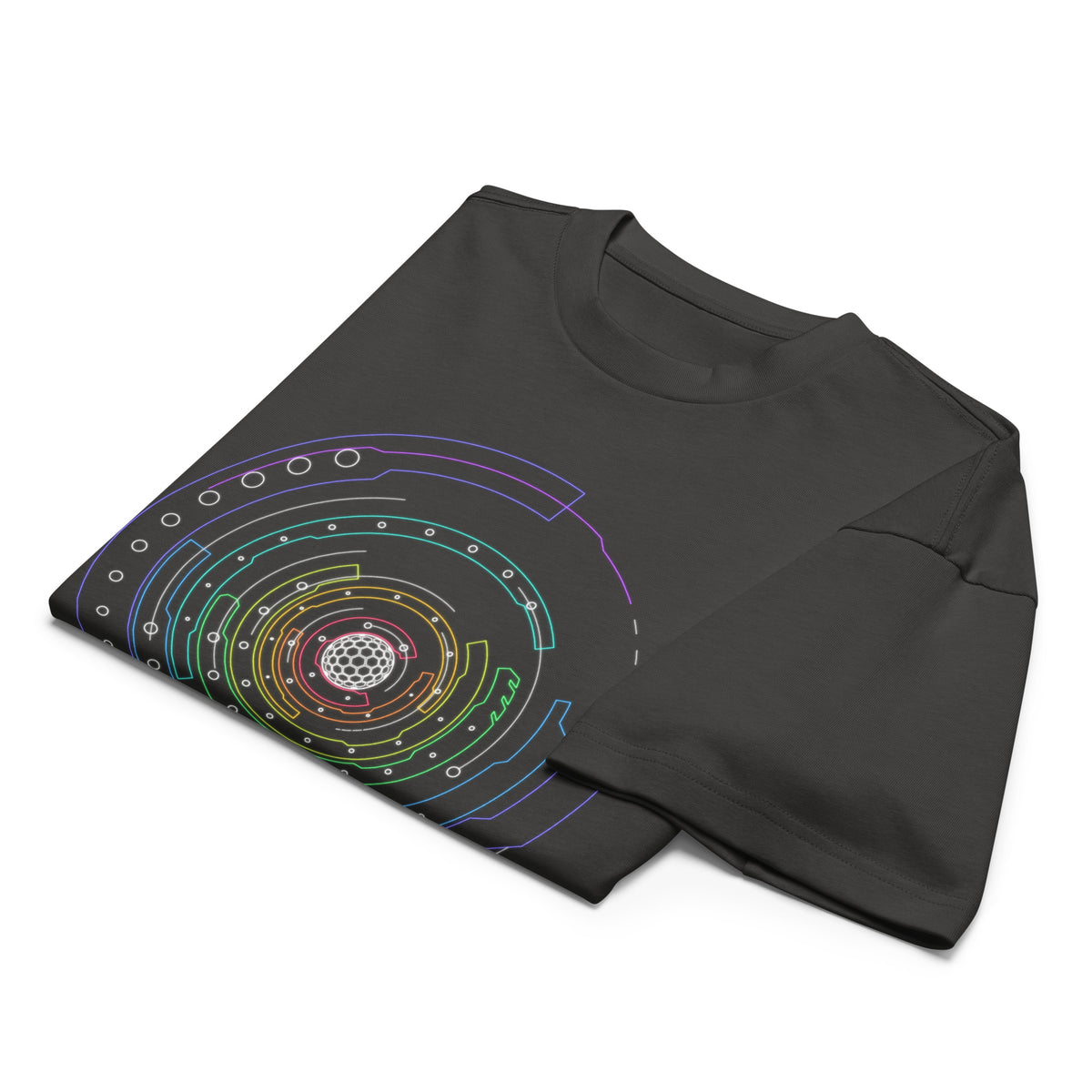 Hex Core Rainbow cotton box t-shirt in Vintage Black, folded: white hexagon sphere inside rainbow rings
