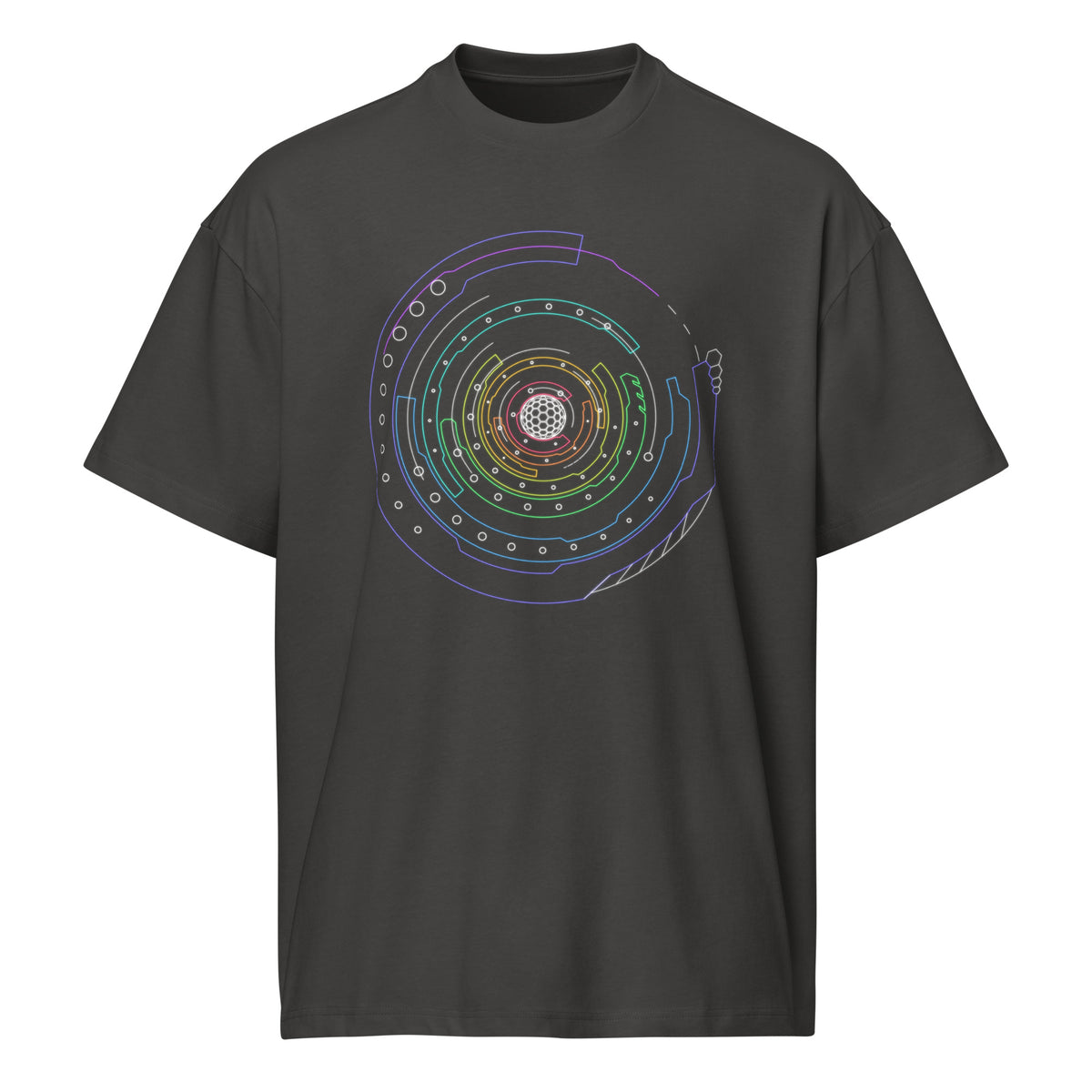 Hex Core Rainbow cotton box t-shirt in Vintage Black, front view: red to violet rings around a white hexagon sphere