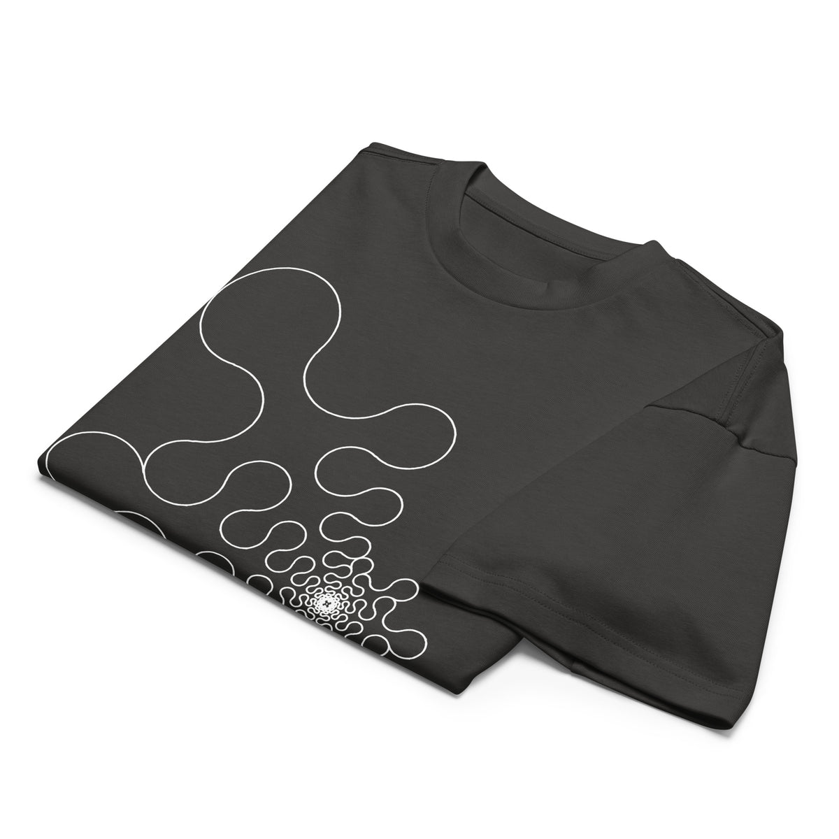 Metaball B&W cotton box t-shirt in Vintage Black, folded: white lobes running down into the dense core