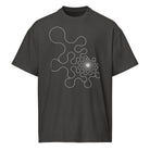 Metaball B&W cotton box t-shirt in Vintage Black, front view: white outline of rounded lobes shrinking into a dense core