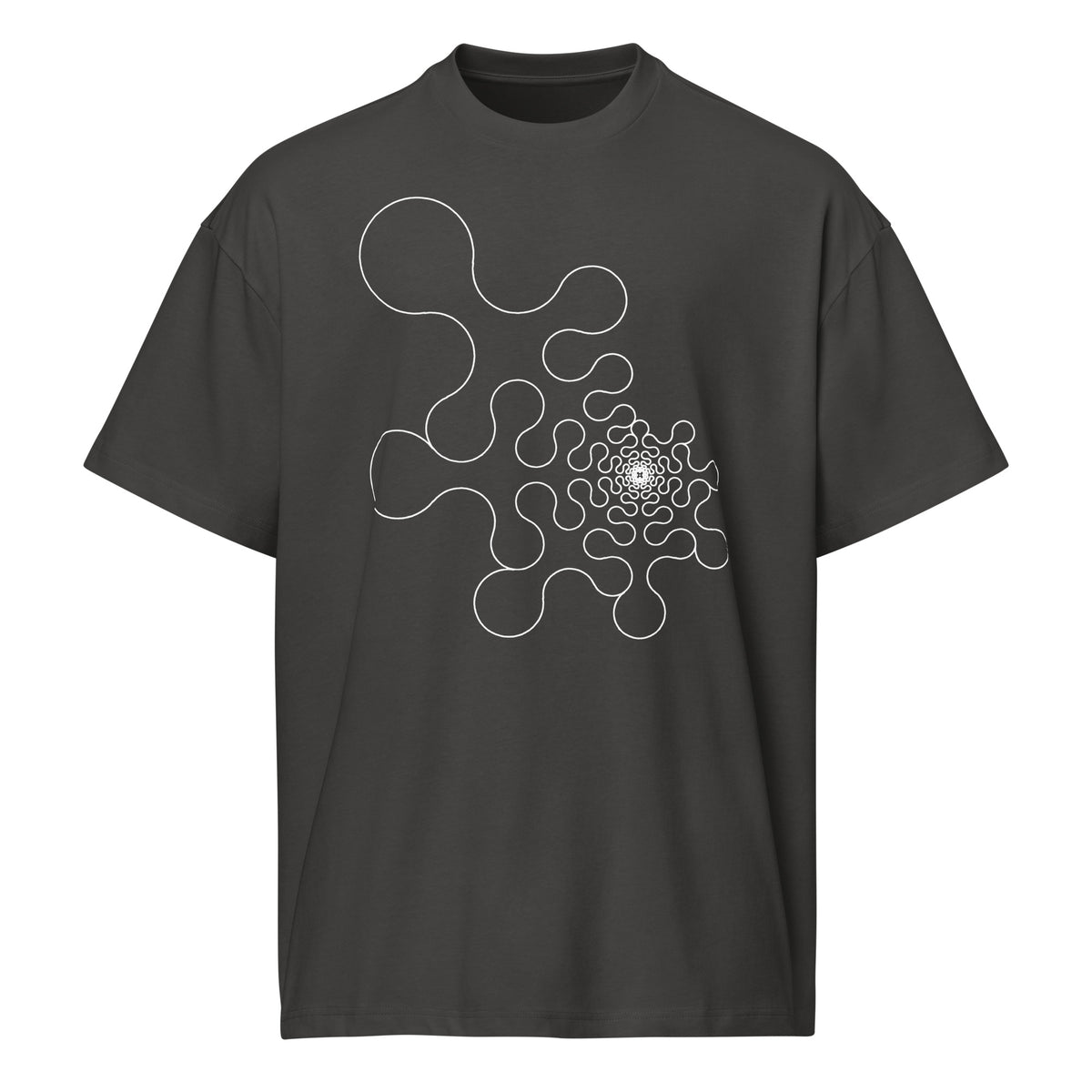 Metaball B&W cotton box t-shirt in Vintage Black, front view: white outline of rounded lobes shrinking into a dense core