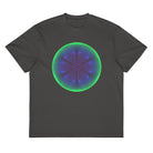 Star Weave cotton box t-shirt in Vintage Black, flat front view: green rim, blue and violet line circles, six-armed star