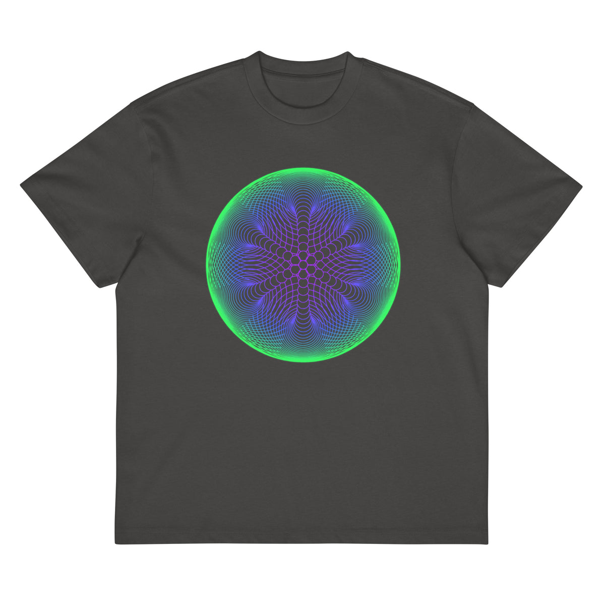 Star Weave cotton box t-shirt in Vintage Black, flat front view: green rim, blue and violet line circles, six-armed star