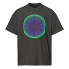 Star Weave cotton box t-shirt in Vintage Black, front view: green, blue and violet line circles with a six-armed star