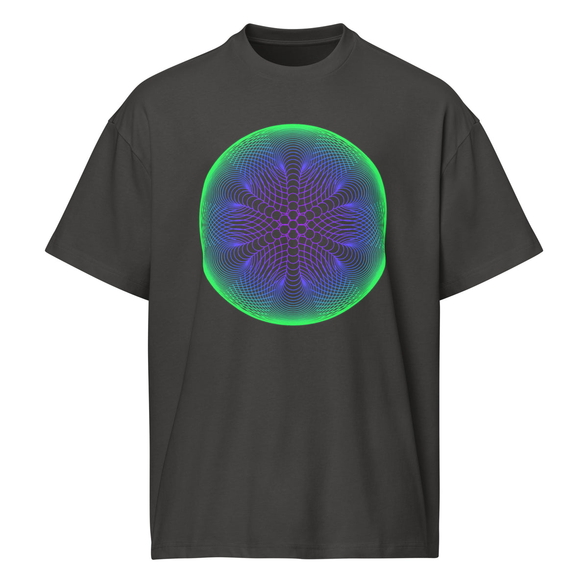 Star Weave cotton box t-shirt in Vintage Black, front view: green, blue and violet line circles with a six-armed star