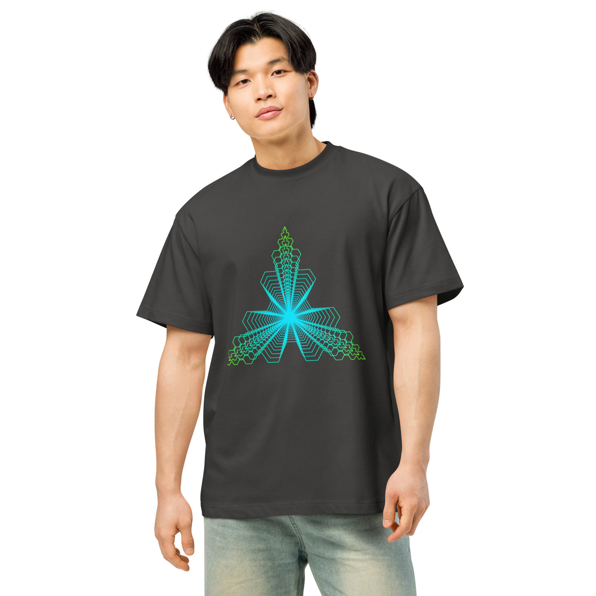 Fractal Triangle cotton box t-shirt in Vintage Black, front on a model: turquoise to lime green hexagon triangle on the chest