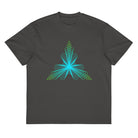 Fractal Triangle cotton box t-shirt in Vintage Black, flat front: turquoise to lime green hexagon triangle on the chest