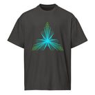 Fractal Triangle cotton box t-shirt in Vintage Black, front view: hexagon triangle, turquoise centre to lime green corners