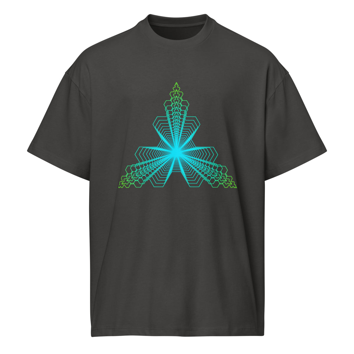 Fractal Triangle cotton box t-shirt in Vintage Black, front view: hexagon triangle, turquoise centre to lime green corners