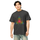Fractal Triangle Rainbow cotton box t-shirt in Vintage Black, front view on a model: rainbow triangle print on the chest