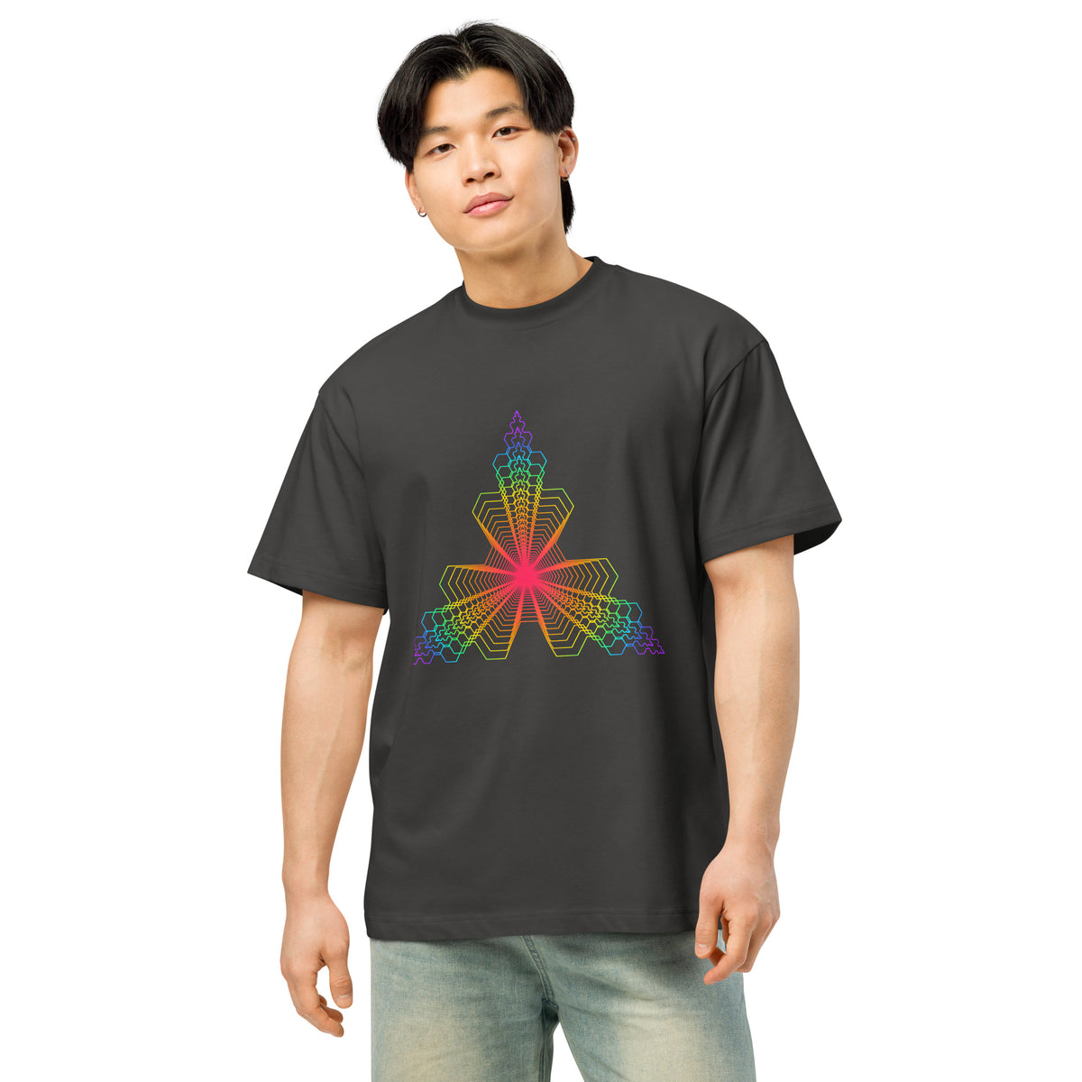 Fractal Triangle Rainbow cotton box t-shirt in Vintage Black, front view on a model: rainbow triangle print on the chest