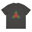 Fractal Triangle Rainbow cotton box t-shirt in Vintage Black, flat front view: rainbow hexagon triangle on the chest