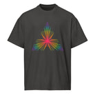 Fractal Triangle Rainbow cotton box t-shirt in Vintage Black, front view: rainbow hexagon triangle with a pink-red centre