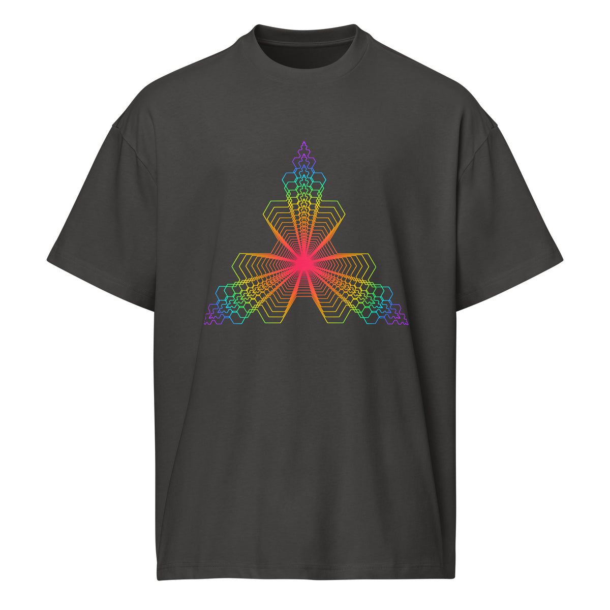 Fractal Triangle Rainbow cotton box t-shirt in Vintage Black, front view: rainbow hexagon triangle with a pink-red centre