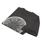 Star Weave B&W cotton box t-shirt in Vintage Black, folded: part of the white line disc with the star at the centre