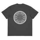 Star Weave B&W cotton box t-shirt in Vintage Black, flat front view: white disc of line circles with a six-armed star
