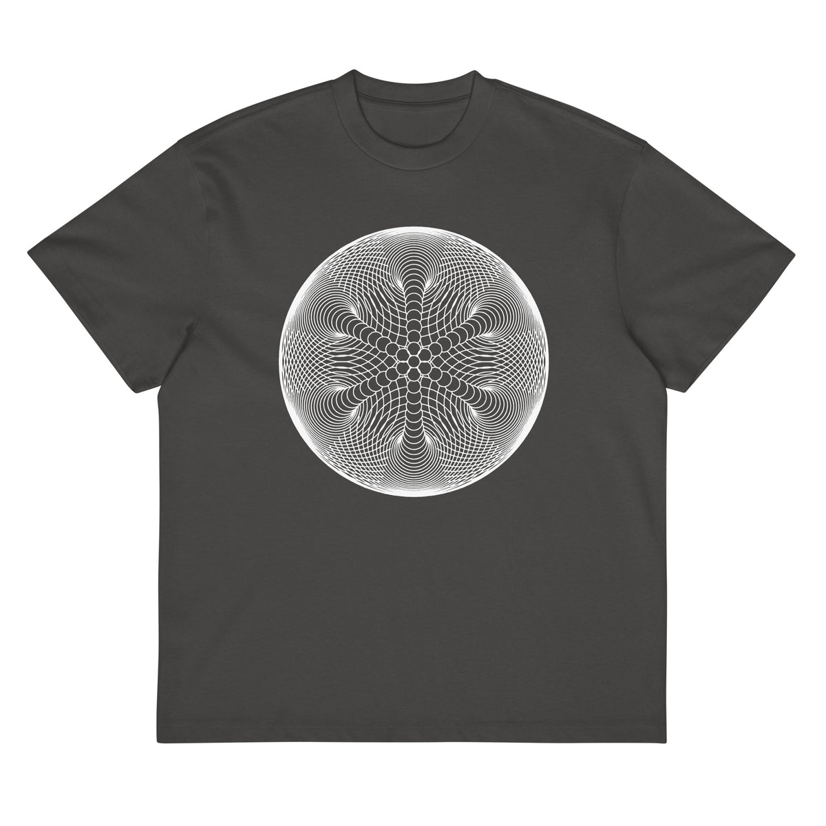 Star Weave B&W cotton box t-shirt in Vintage Black, flat front view: white disc of line circles with a six-armed star