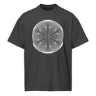 Star Weave B&W cotton box t-shirt in Vintage Black, front view: white disc of fine line circles with a six-armed star