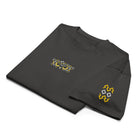 Owl embroidered box tee in Vintage Black, folded: owl face on the chest, yellow zigzags and white diamonds on the sleeve