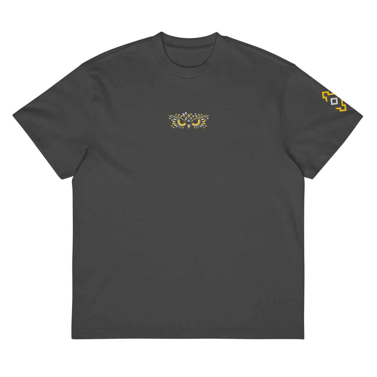 Owl embroidered box tee in Vintage Black, flat front: small owl face on the chest, yellow and white mark on the left sleeve
