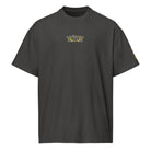 Owl embroidered box tee in Vintage Black, front view: yellow, white and grey owl face on the chest, mark on the left sleeve