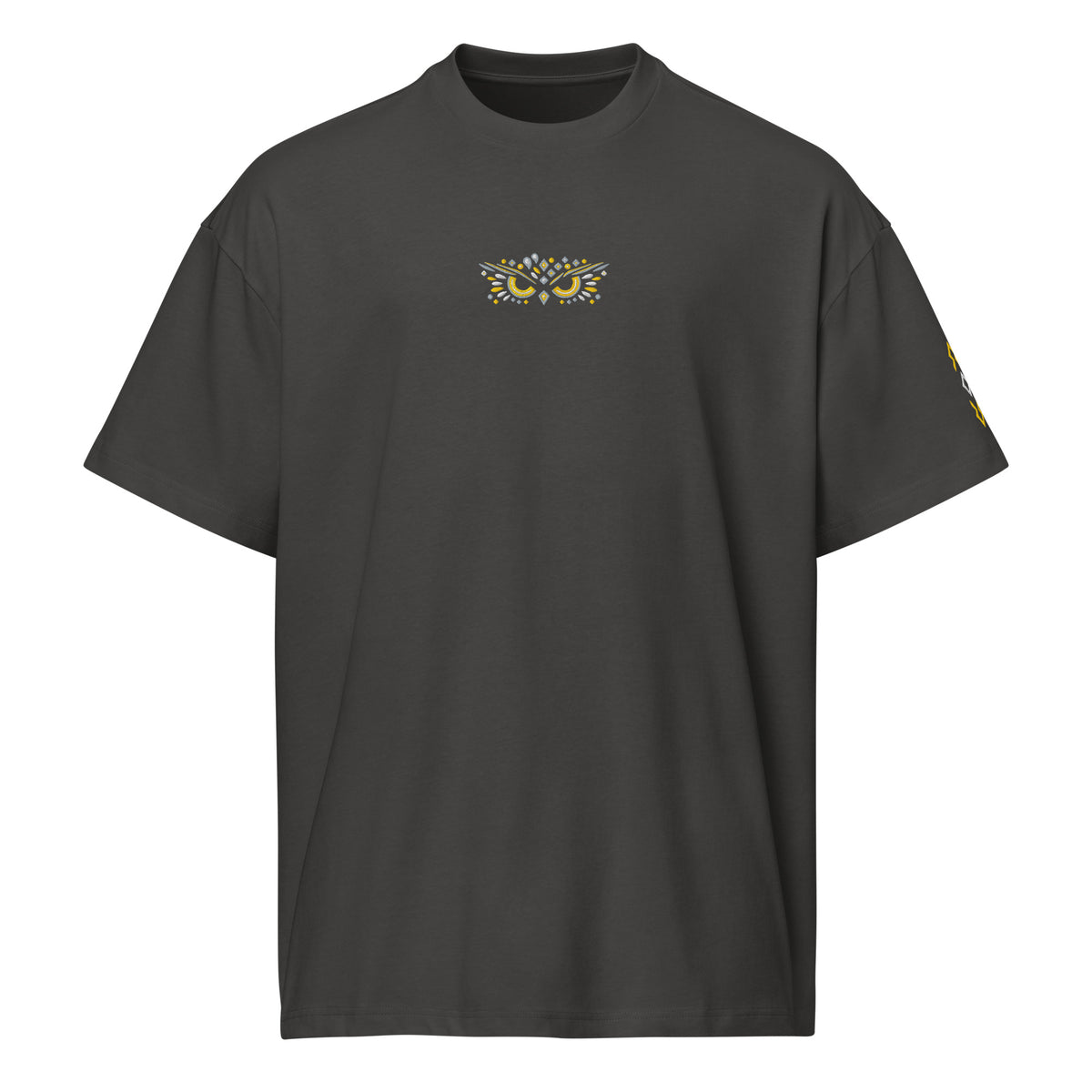 Owl embroidered box tee in Vintage Black, front view: yellow, white and grey owl face on the chest, mark on the left sleeve