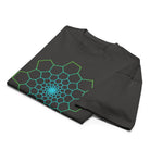 Fibonacci Sequence 1 cotton box t-shirt in Vintage Black, folded: spiral of green and turquoise cells around a cyan centre
