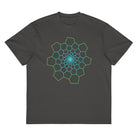 Fibonacci Sequence 1 cotton box t-shirt in Vintage Black, front view: green and cyan spiral of cells on the chest