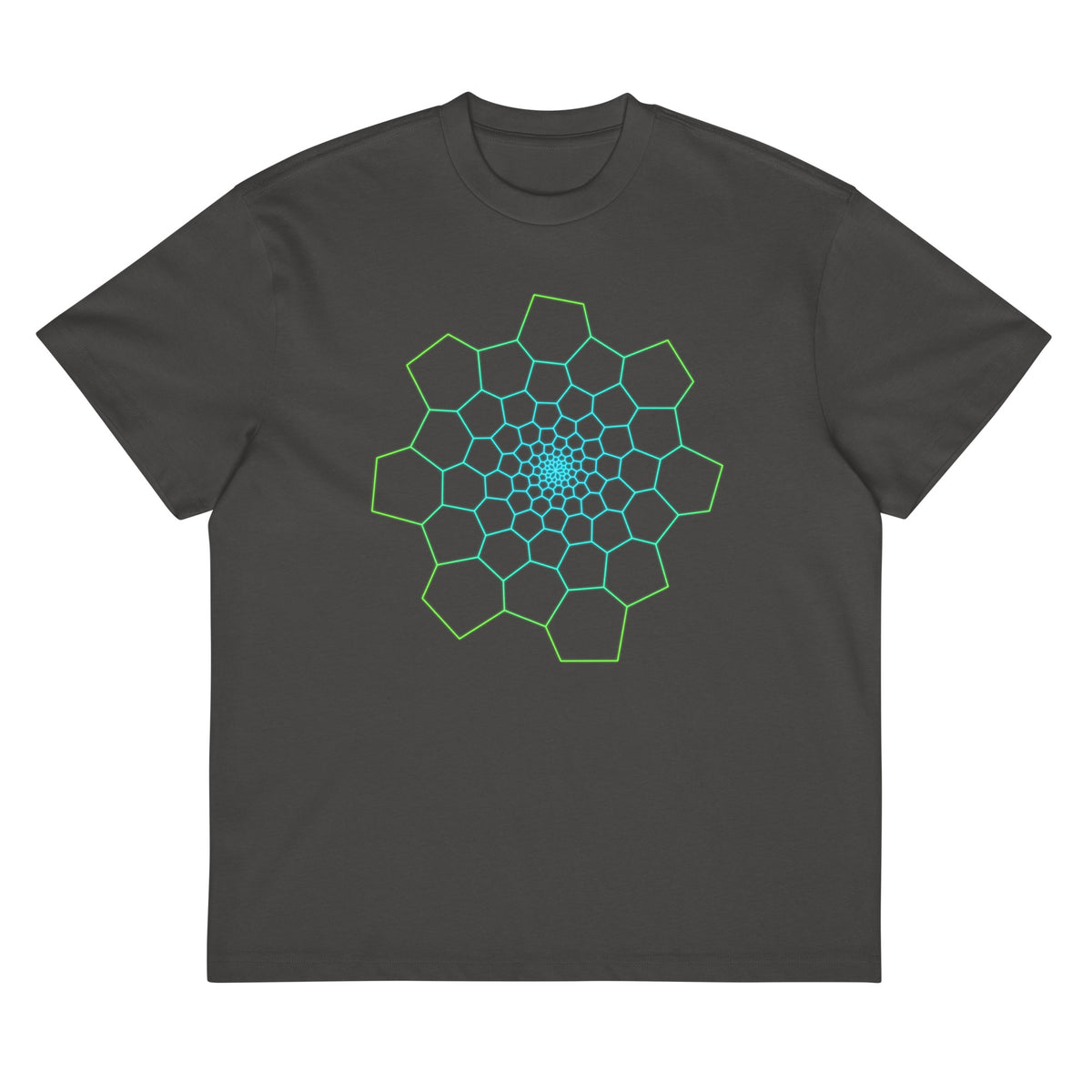 Fibonacci Sequence 1 cotton box t-shirt in Vintage Black, front view: green and cyan spiral of cells on the chest