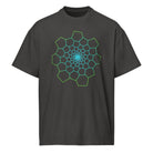 Fibonacci Sequence 1 cotton box t-shirt in Vintage Black, front view: green and cyan spiral of cells on the chest