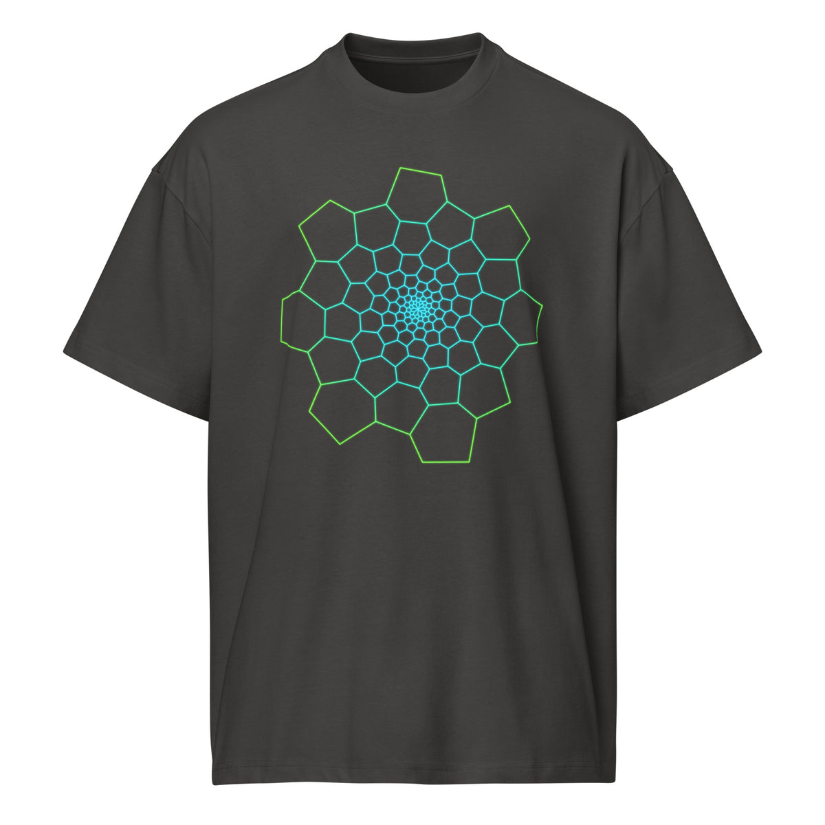 Fibonacci Sequence 1 cotton box t-shirt in Vintage Black, front view: green and cyan spiral of cells on the chest
