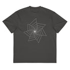 Fibonacci Sequence 2 B&W cotton box t-shirt in Vintage Black, front view: white star-shaped spiral of lines on the chest