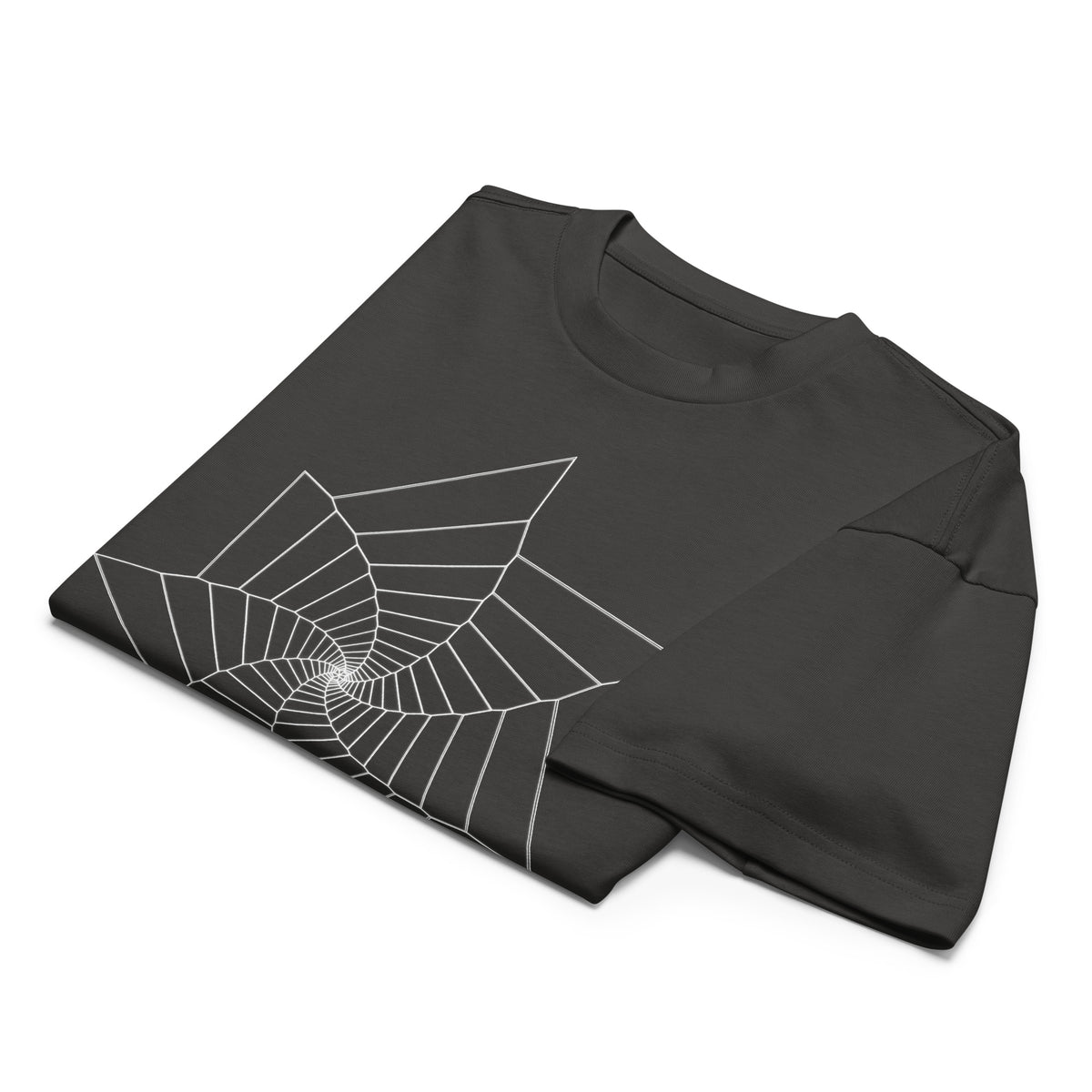 Fibonacci Sequence 2 B&W cotton box t-shirt in Vintage Black, folded: white star-shaped spiral of lines