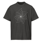 Fibonacci Sequence 2 B&W cotton box t-shirt in Vintage Black, front view: white star-shaped spiral of lines on the chest