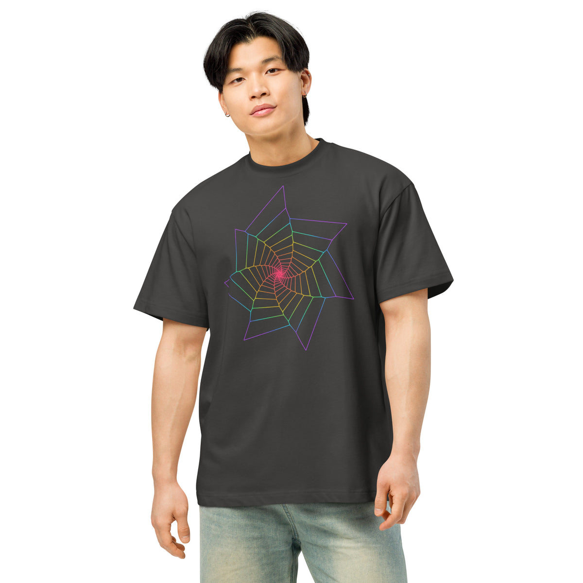 Fibonacci Sequence 2 Rainbow cotton box t-shirt in Vintage Black, front view on a model: rainbow star spiral