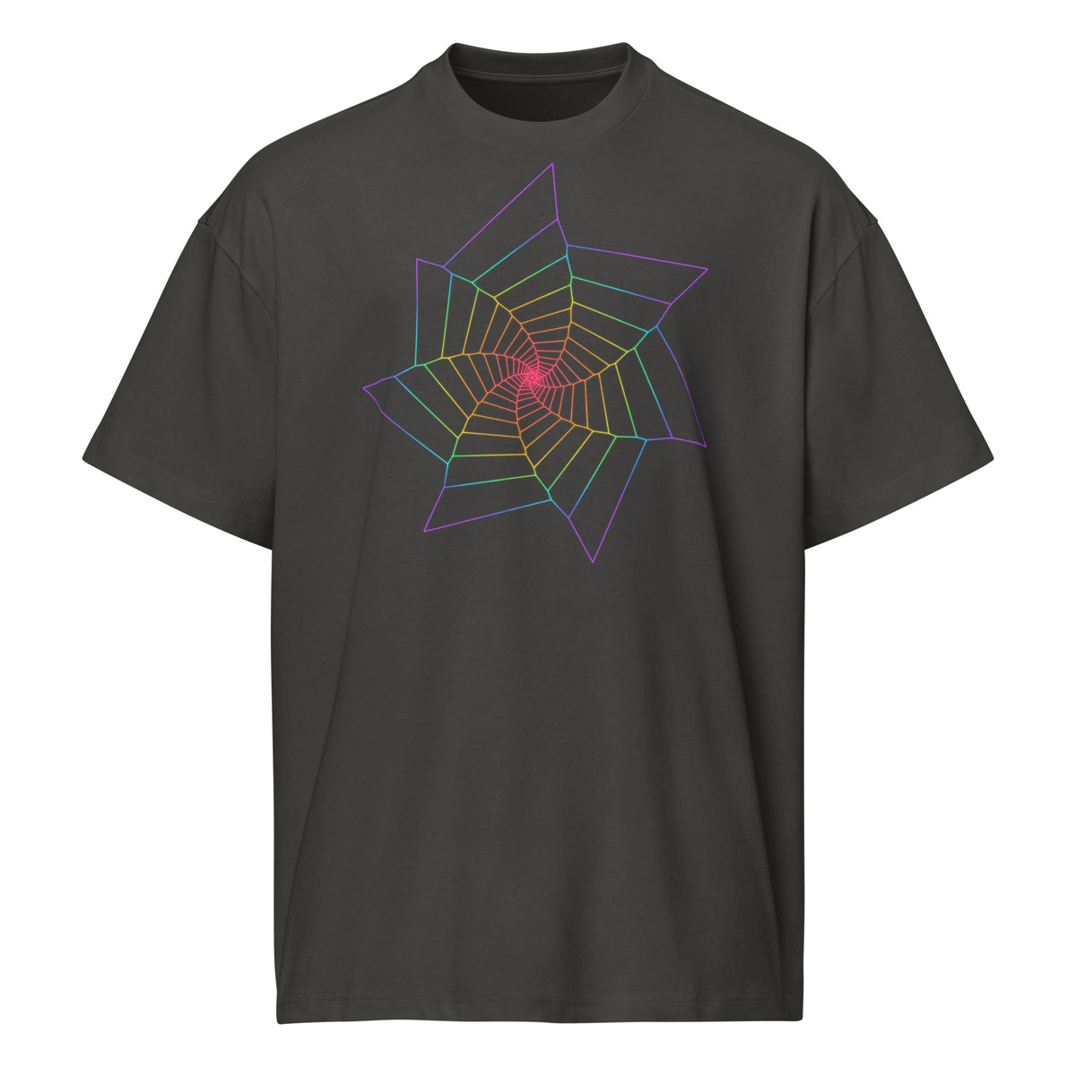 Fibonacci Sequence 2 Rainbow cotton box t-shirt in Vintage Black, front view: rainbow star spiral on the chest