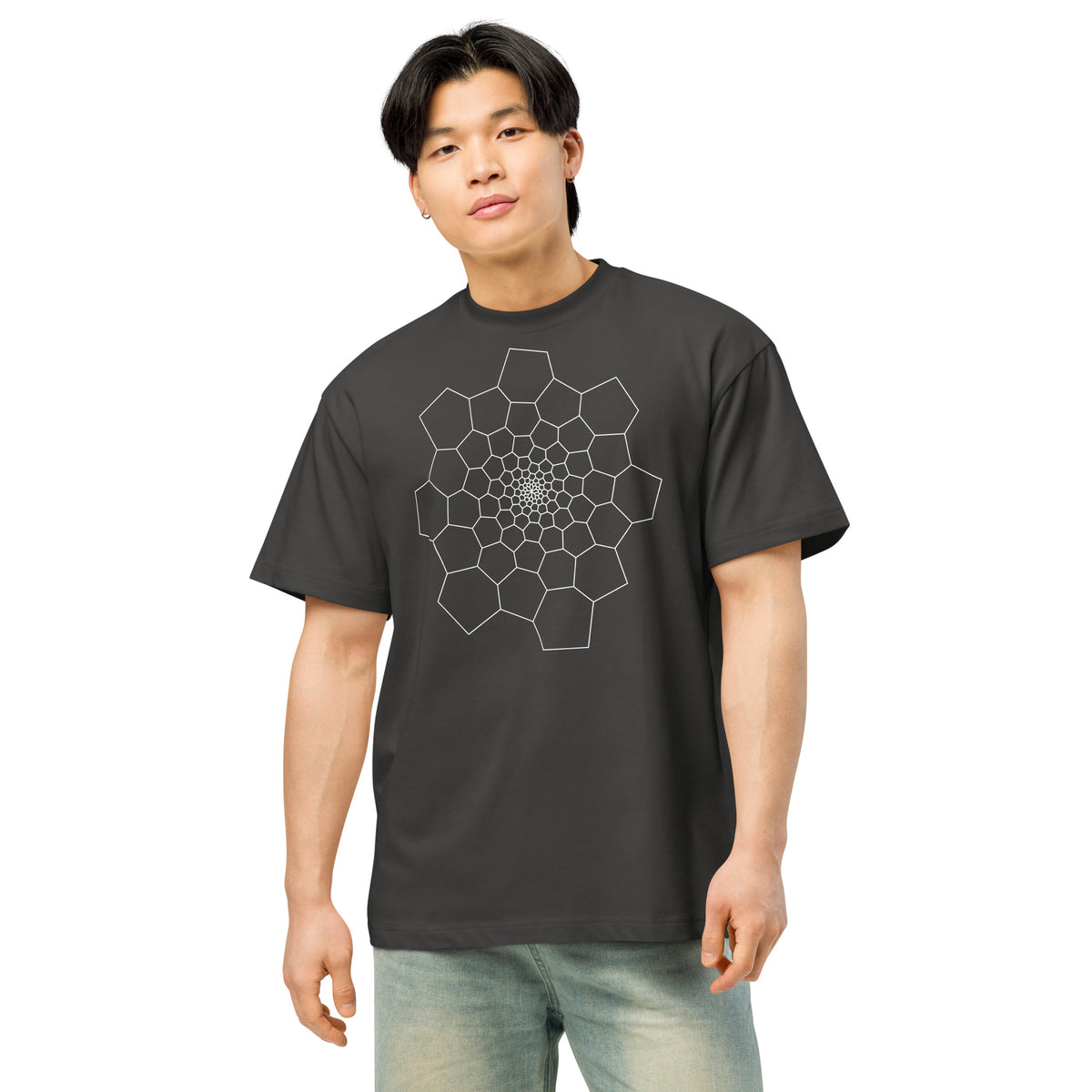Fibonacci Sequence 1 B&W cotton box t-shirt in Vintage Black, front view on a model: white spiral of cells