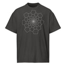 Fibonacci Sequence 1 B&W cotton box t-shirt in Vintage Black, front view: white spiral of cells on the chest