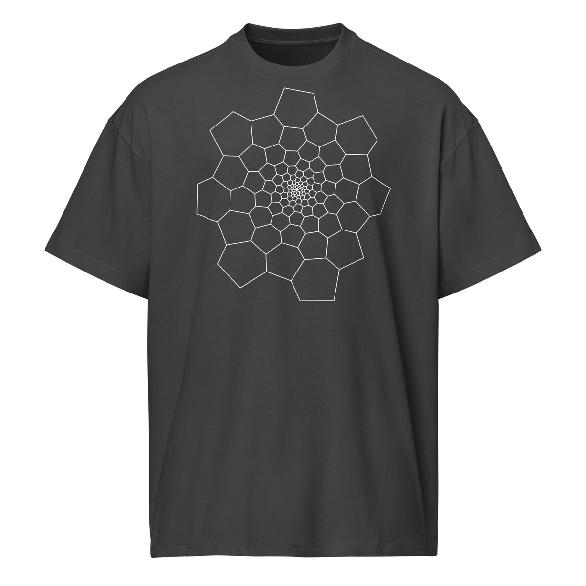 Fibonacci Sequence 1 B&W cotton box t-shirt in Vintage Black, front view: white spiral of cells on the chest