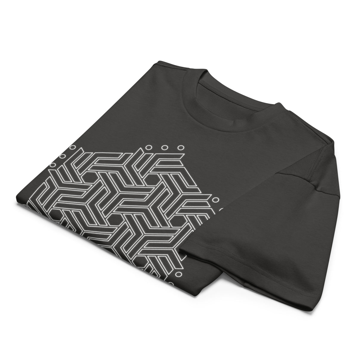 GeoTron B&W cotton box t-shirt in Vintage Black, folded: white hexagon of interlocking chevrons