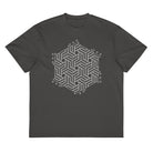 GeoTron B&W cotton box t-shirt in Vintage Black, front view: white hexagon of interlocking chevrons on the chest