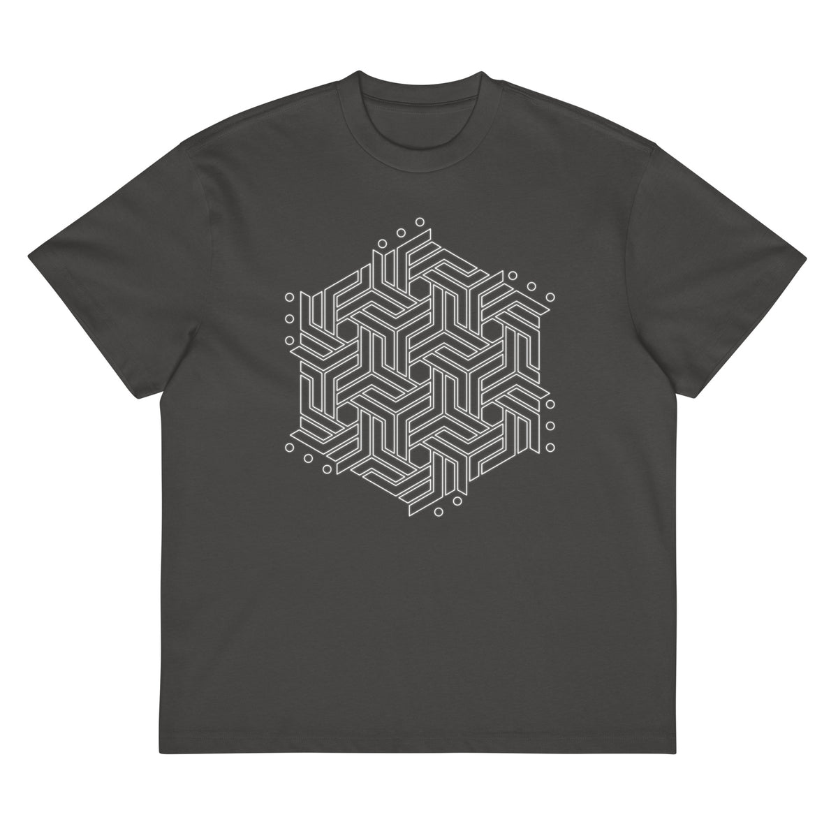 GeoTron B&W cotton box t-shirt in Vintage Black, front view: white hexagon of interlocking chevrons on the chest