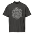 GeoTron B&W cotton box t-shirt in Vintage Black, front view: white hexagon of interlocking chevrons on the chest