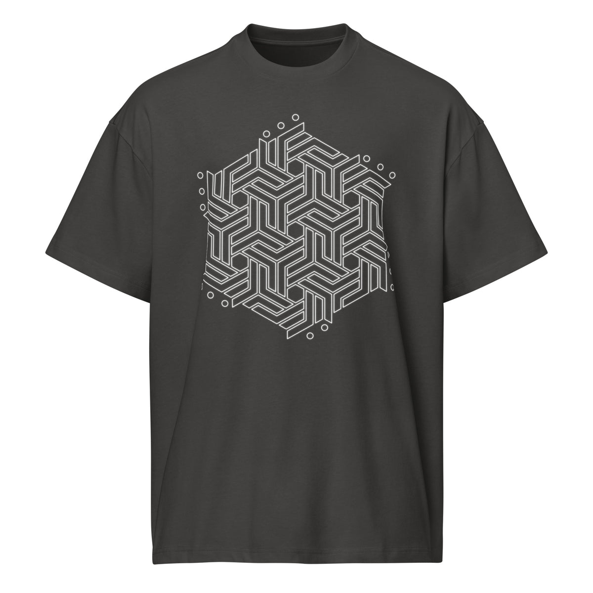 GeoTron B&W cotton box t-shirt in Vintage Black, front view: white hexagon of interlocking chevrons on the chest