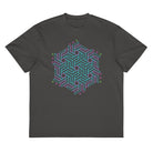 GeoTron Turquoise cotton box t-shirt in Vintage Black, front view: turquoise chevron hexagon on the chest