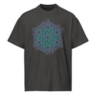 GeoTron Turquoise cotton box t-shirt in Vintage Black, front view: turquoise chevron hexagon on the chest