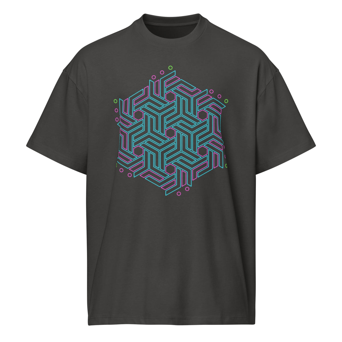 GeoTron Turquoise cotton box t-shirt in Vintage Black, front view: turquoise chevron hexagon on the chest